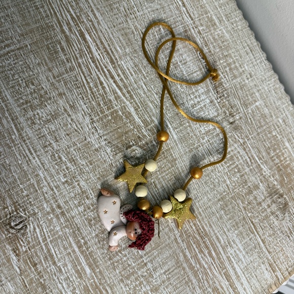 Gold & Cream Clay Angel with Stars and beads Necklace, 26" - Picture 12 of 13